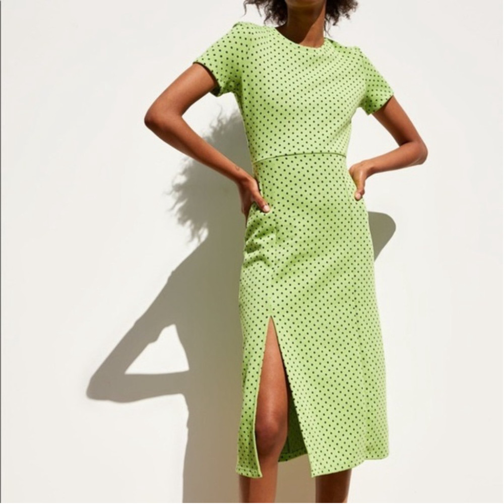 ZARA Polka Dot Green Midi Dress With Side Slit Size Small